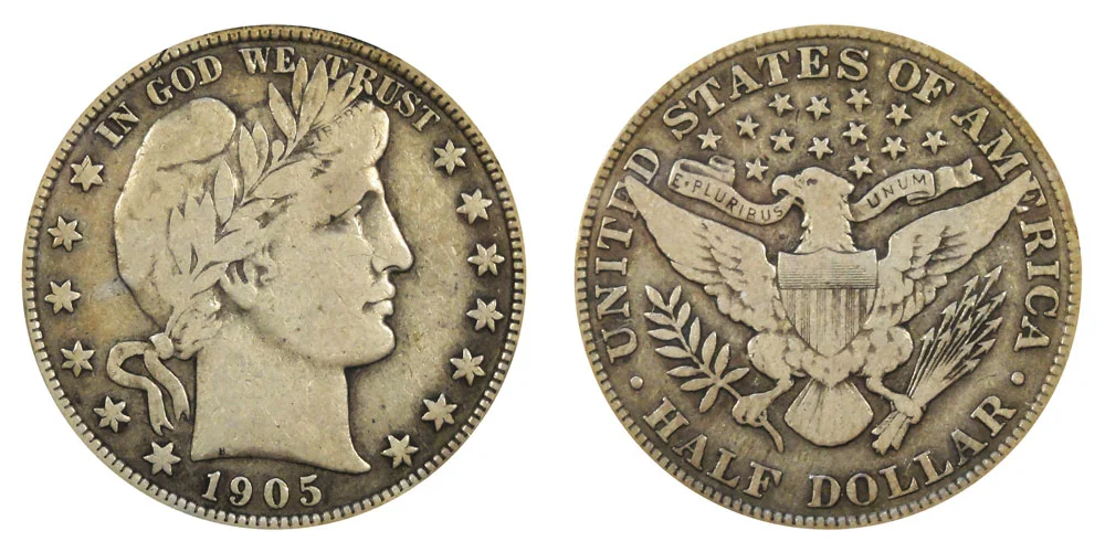 1905 Barber Half Dollar obverse and reverse showing Liberty portrait and eagle design