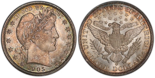 Comparison of 1905-O Barber Half Dollar mint mark versus 1905-P with no mint mark on reverse above DOLLAR