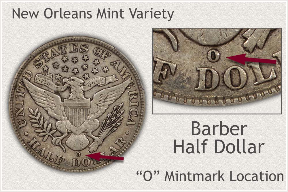 1905-O Barber Half Dollar reverse close-up showing the O mint mark above DOLLAR