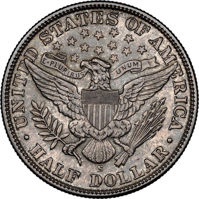 1905-S Barber Half Dollar reverse with S mint mark above DOLLAR showing original luster