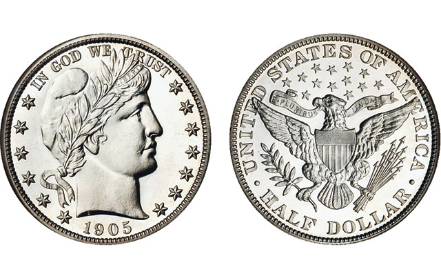 Historical view of the New Orleans Mint circa 1905 or group of 1905 Barber Half Dollar varieties from all three mints