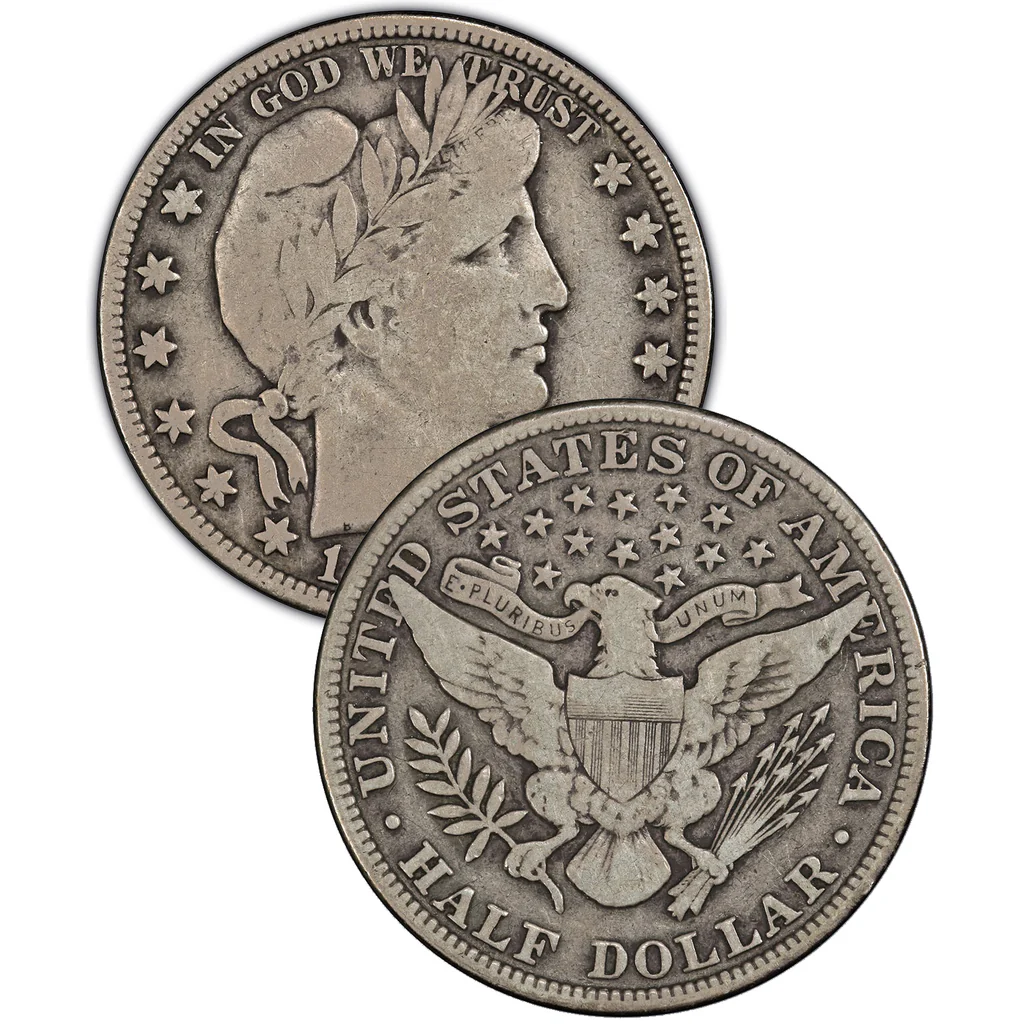 Grading strip showing 1905 Barber Half Dollar in four conditions: Good, Fine, Extremely Fine, and Uncirculated